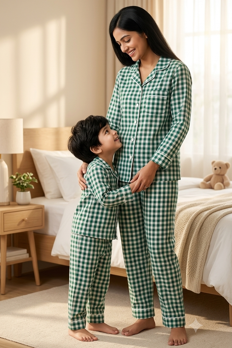 Green Check Nightsuits for kids| Unisex| Pure Cotton