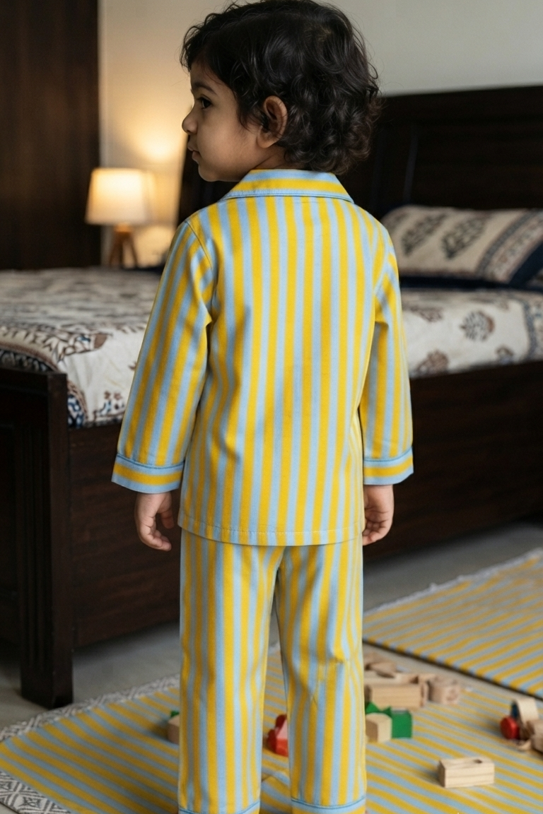 Yellow-Blue Strip Nightsuits for kids| Unisex| Pure Cotton