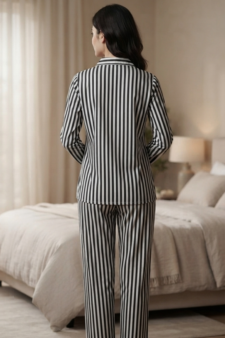 Black Strip Nightsuit For Women| Pure Cotton