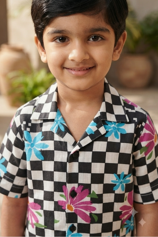 Black Checkerboard Co-ords Set for Boys| Pure Cotton