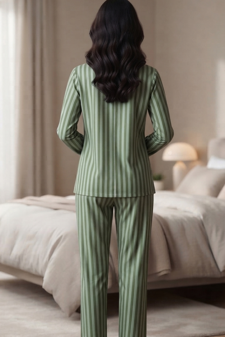 Olive Green Strip Nightsuit For Women| Pure Cotton