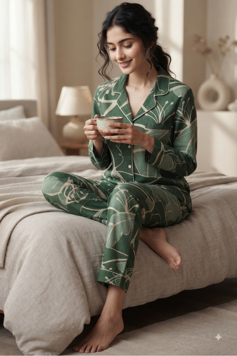 Green Floral Nightsuit For Women| Pure Cotton