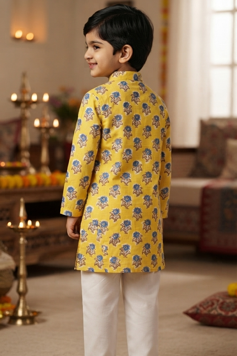 Yellow Boota Kurta Pajama Sets for Boys| Pure Cotton
