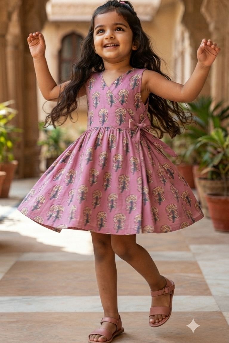Pink Boota Girls Dress| Pue Cotton