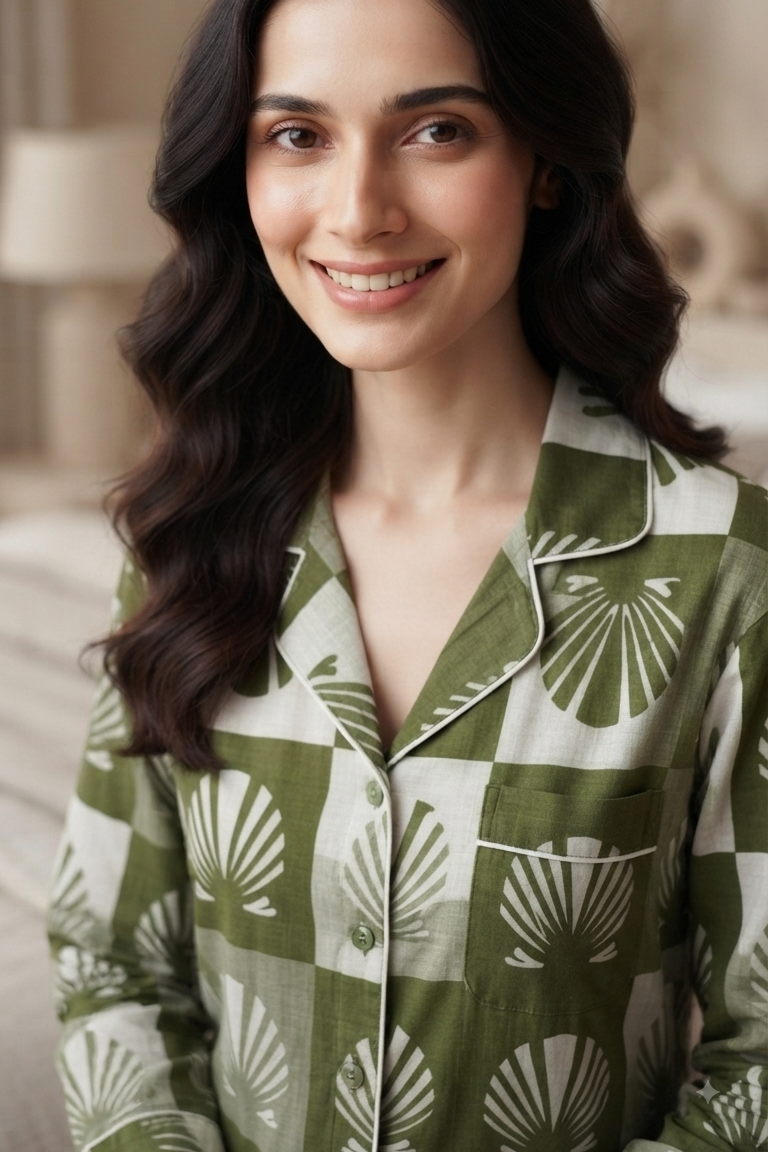 Green Shell Nightsuit For Women| Pure Cotton