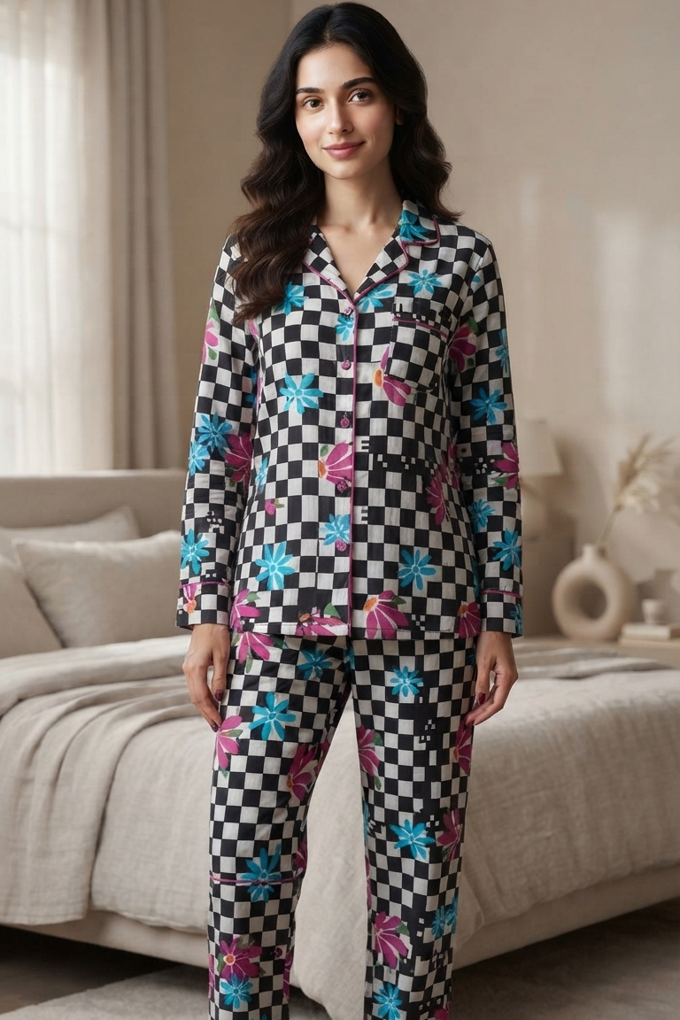 Black Checkerboard Nightsuit For Women| Pure Cotton