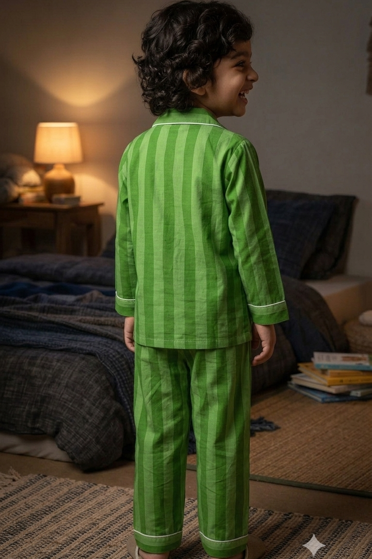 Green Strip Nightsuits for kids| Unisex| Pure Cotton