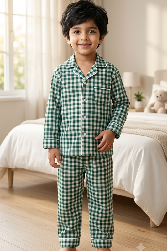 Green Check Nightsuits for kids| Unisex| Pure Cotton