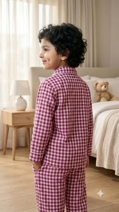 Boys Checked Night Suit | Pink