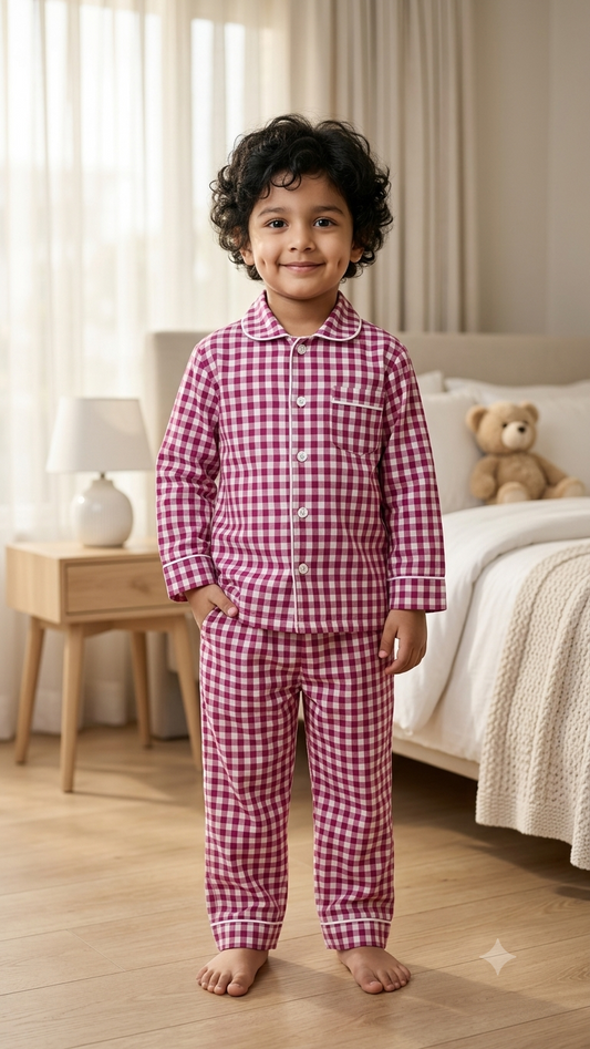 Boys Checked Night Suit | Pink