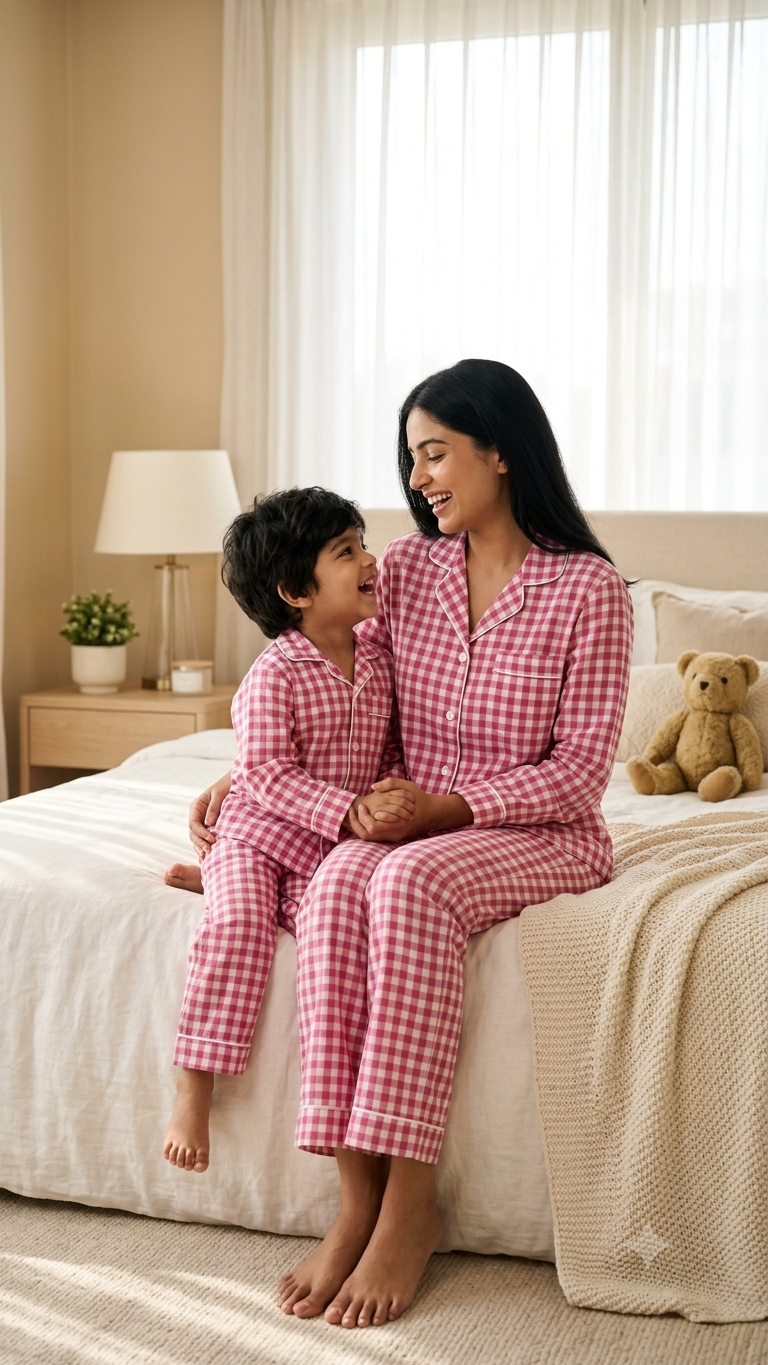 Boys Checked Night Suit | Pink