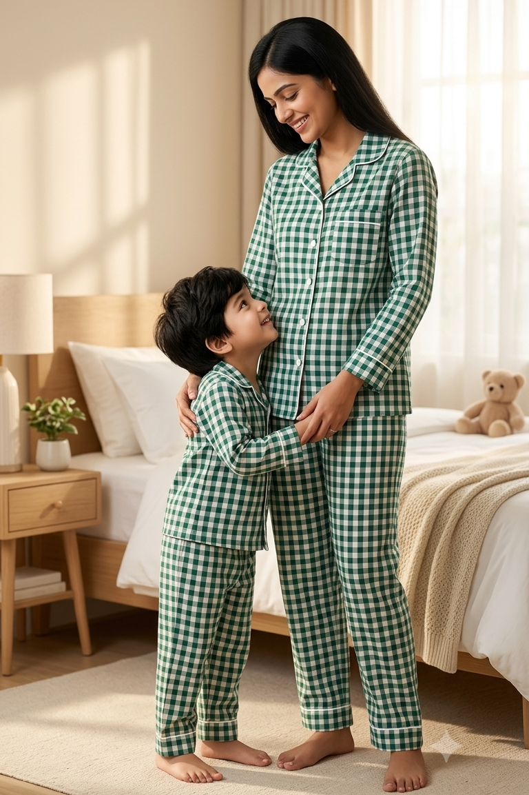 Green Twinning Nightsuit Sets For Mother &  Kids| Pure Cotton