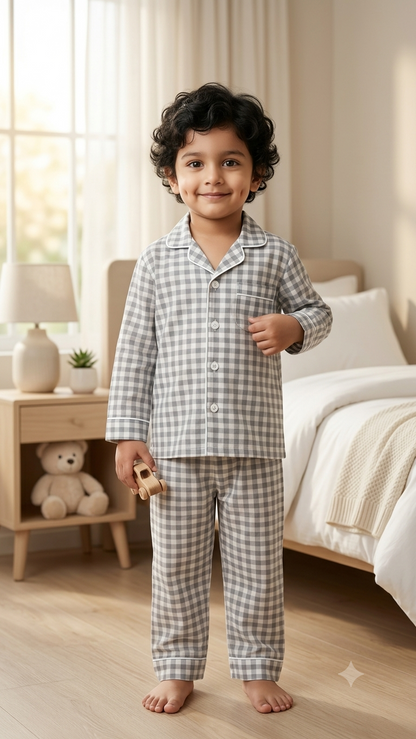 Boys Checked Night Suit | Grey