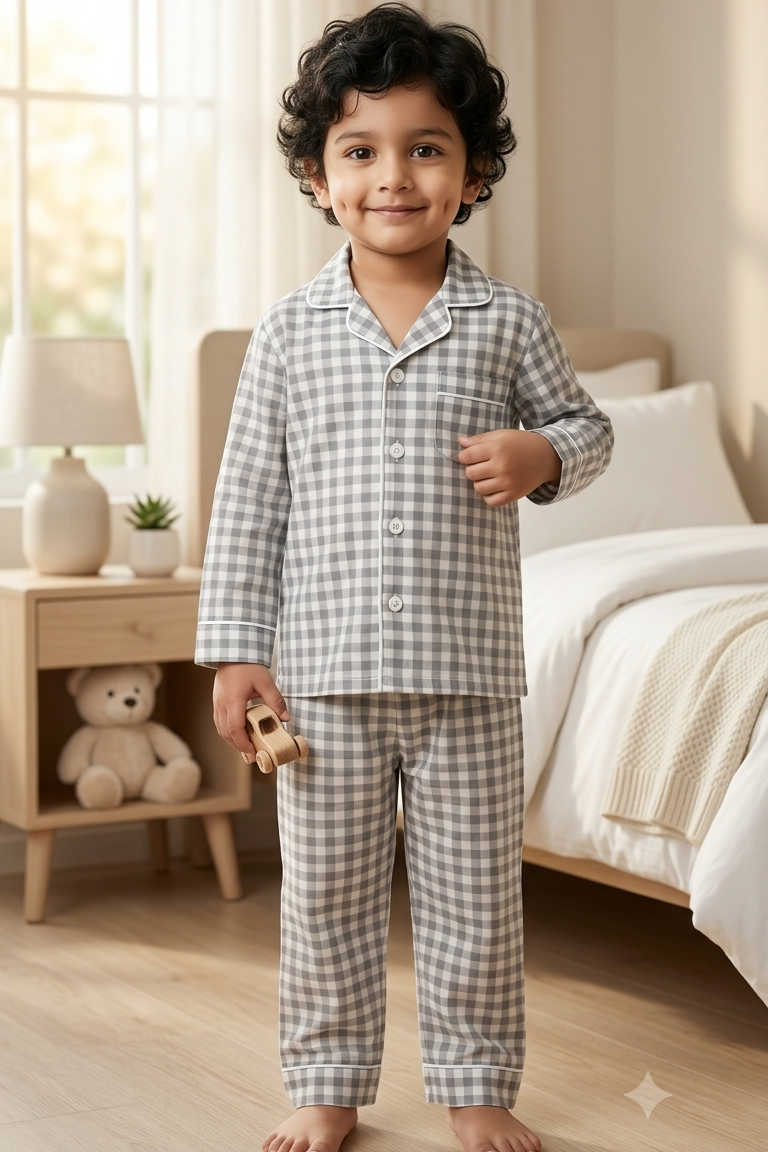 Grey Check Nightsuits for kids| Unisex| Pure Cotton