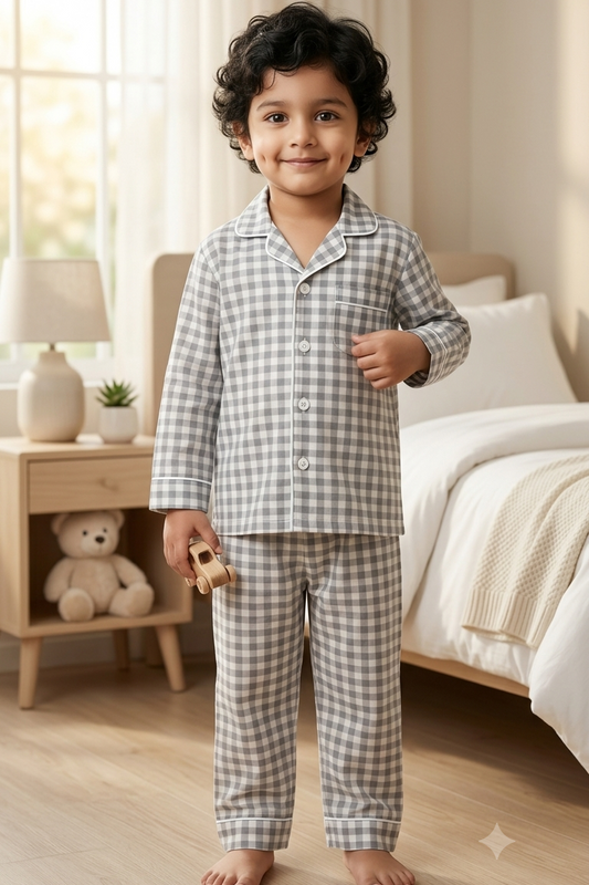 Grey Check Nightsuits for kids| Unisex| Pure Cotton