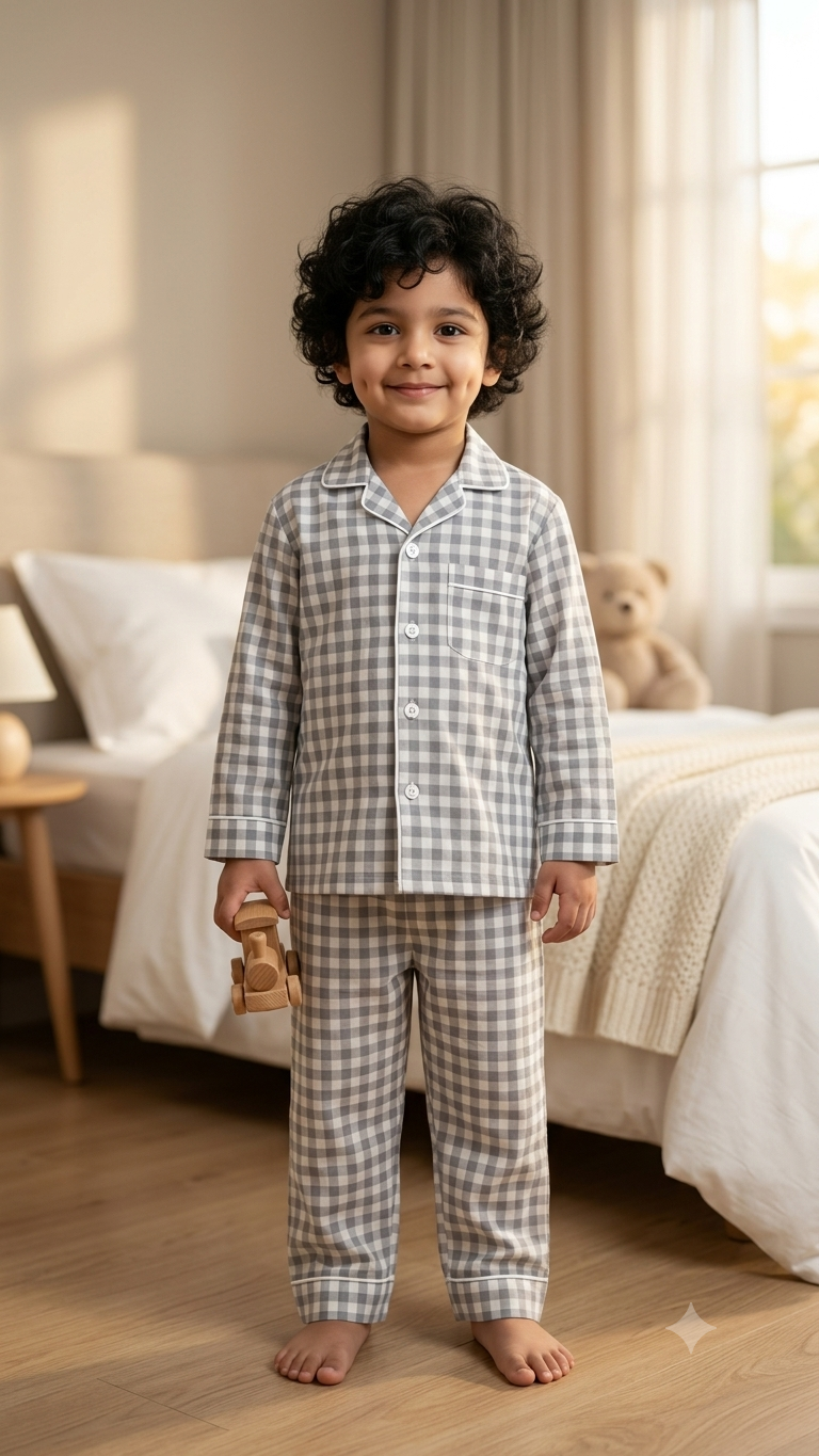 Grey Check Nightsuits for kids| Unisex| Pure Cotton
