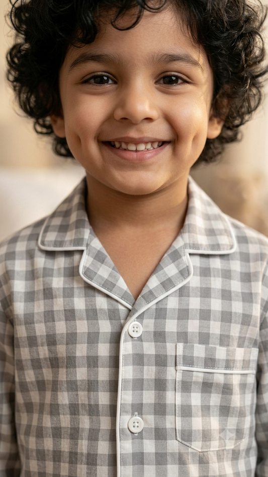Boys Checked Night Suit | Grey