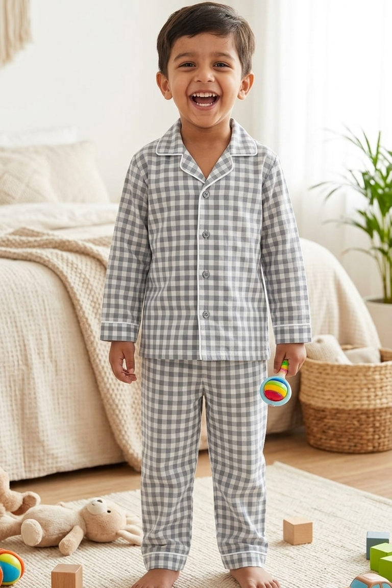 Grey Check Nightsuits for kids| Unisex| Pure Cotton