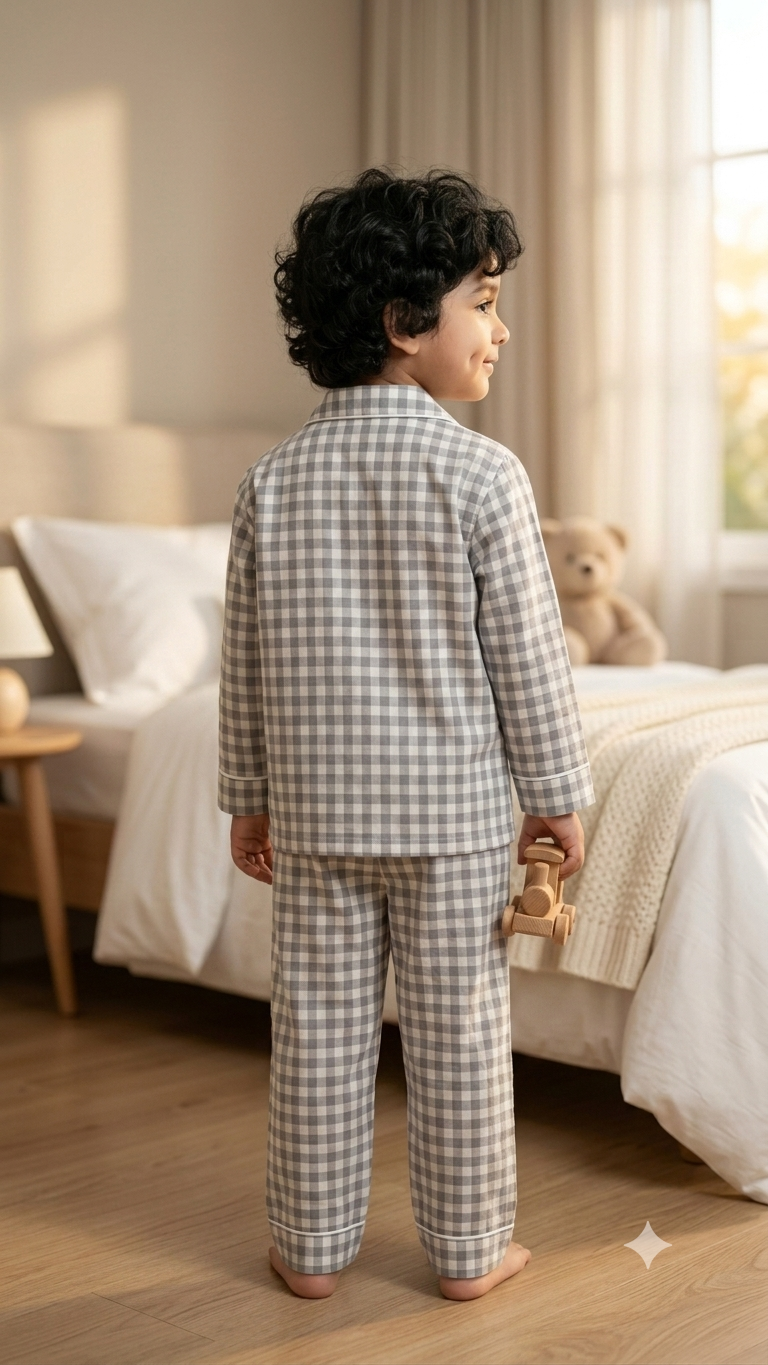 Boys Checked Night Suit | Grey