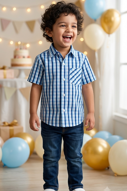 Cobalt Blue Check  Boys Shirt| Pure Cotton