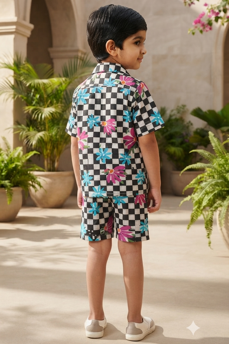 Black Checkerboard Co-ords Set for Boys| Pure Cotton