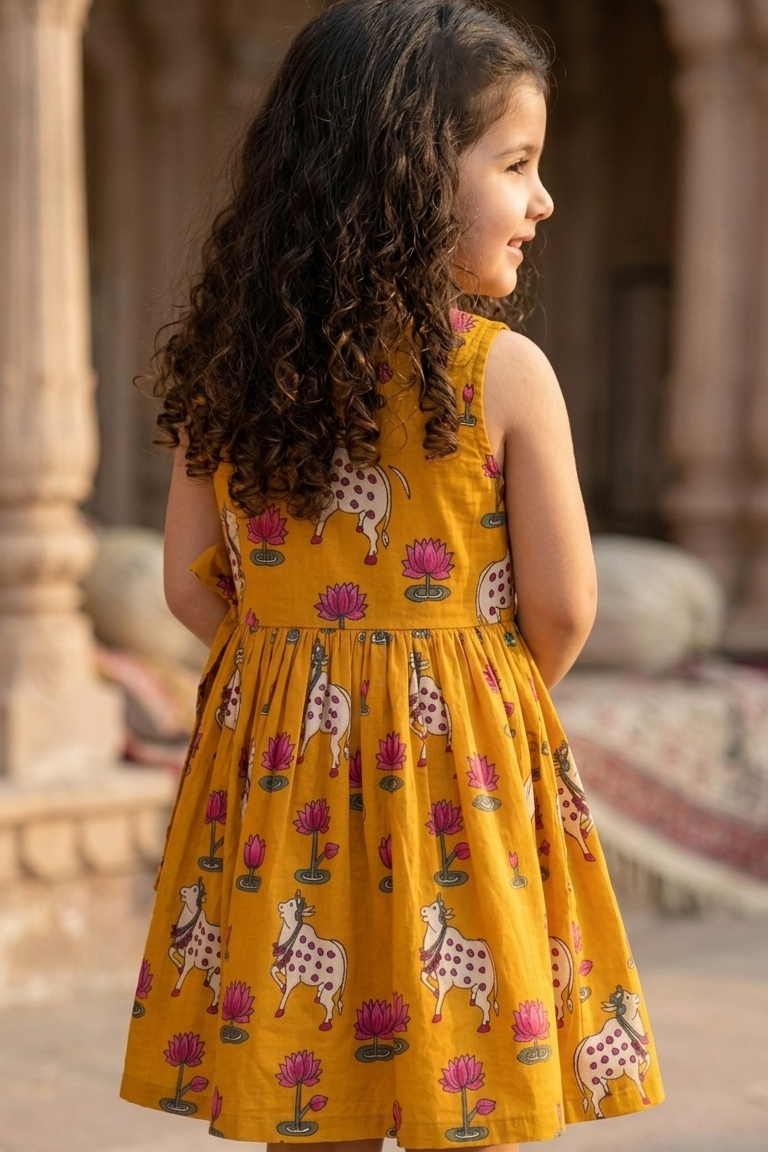 Mustard Pichwai Girls Dress| Pue Cotton
