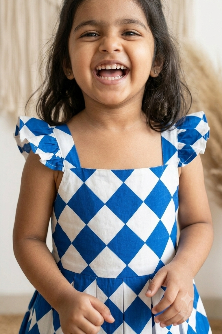 Blue Squre Girls Dress| Pue Cotton
