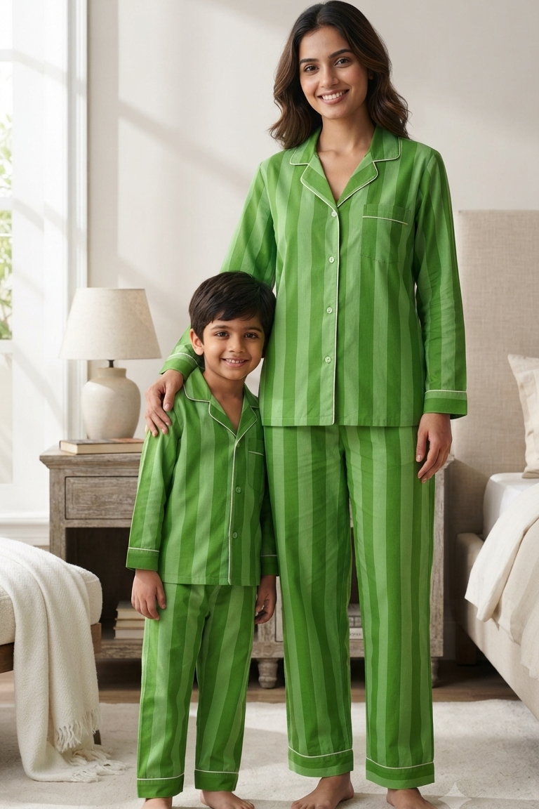 Green Strip Twinning Nightsuit Sets For Mother &  Kids| Pure Cotton