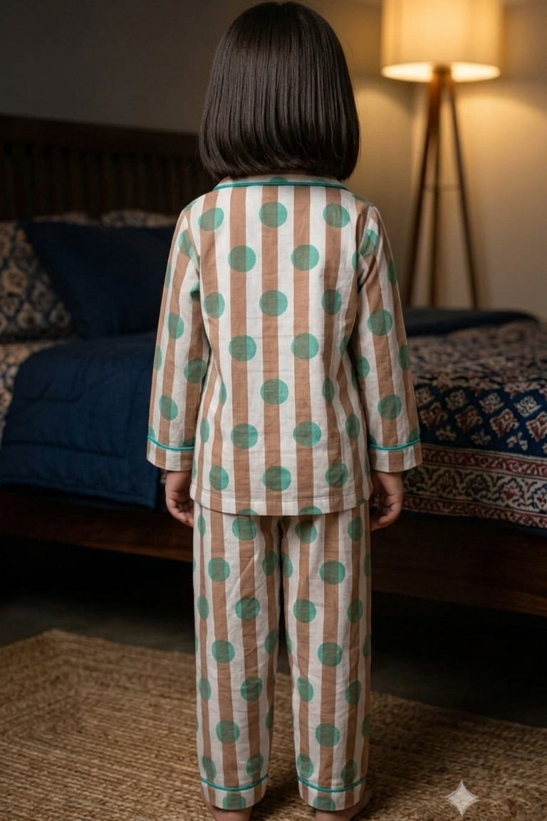 Light Brown Polkadot Nightsuits for kids| Unisex| Pure Cotton