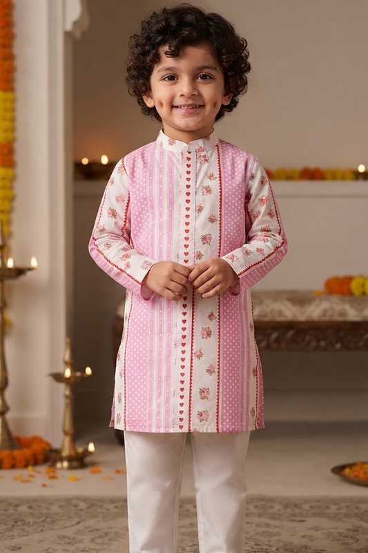 Pink Floral  Kurta Pajama Sets for Boys| Pure Cotton