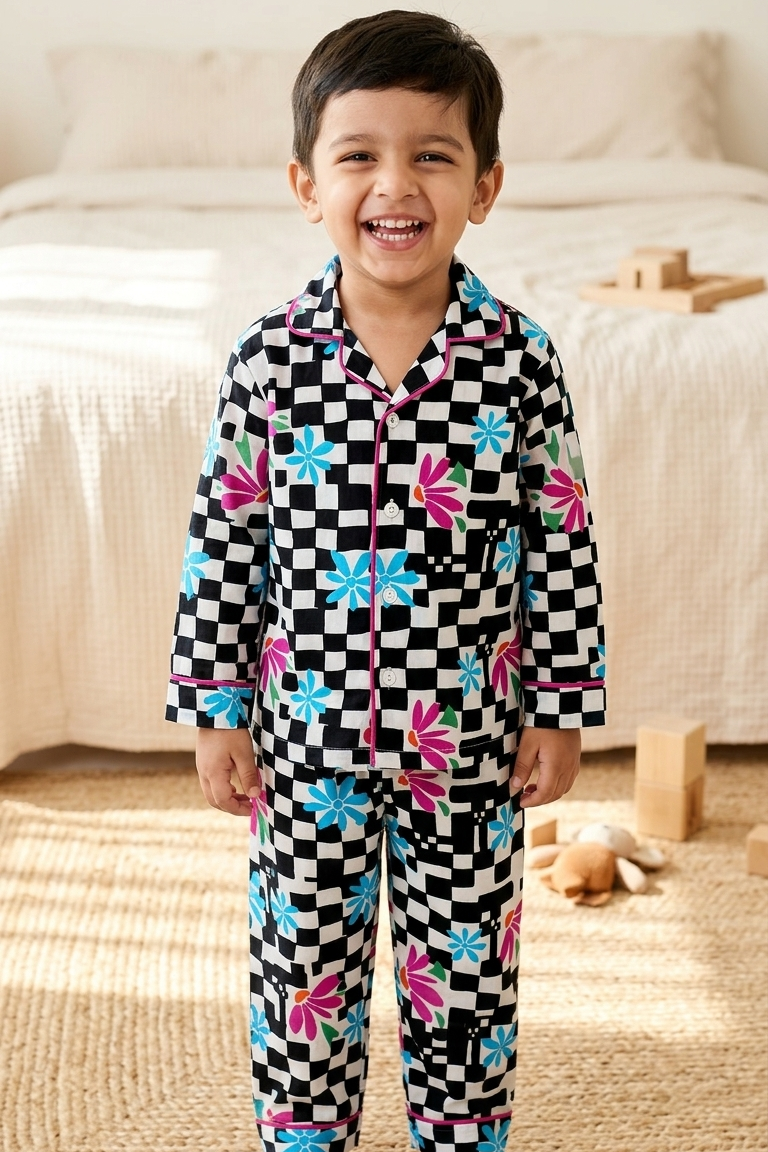 Black Checkerboard Nightsuits for kids| Unisex| Pure Cotton