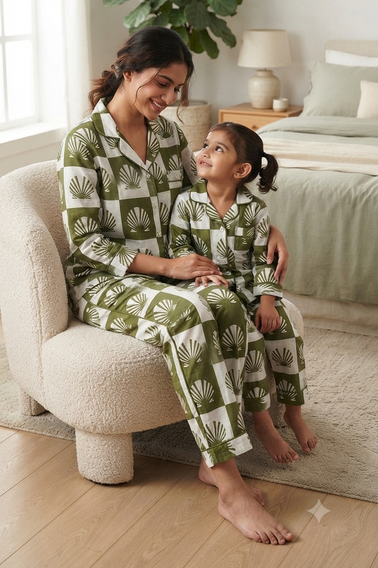 Green Shell Twinning Nightsuit Sets For Mother &  Kids| Pure Cotton