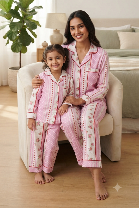 Pink Floral Twinning Nightsuit Sets For Mother &  Kids| Pure Cotton