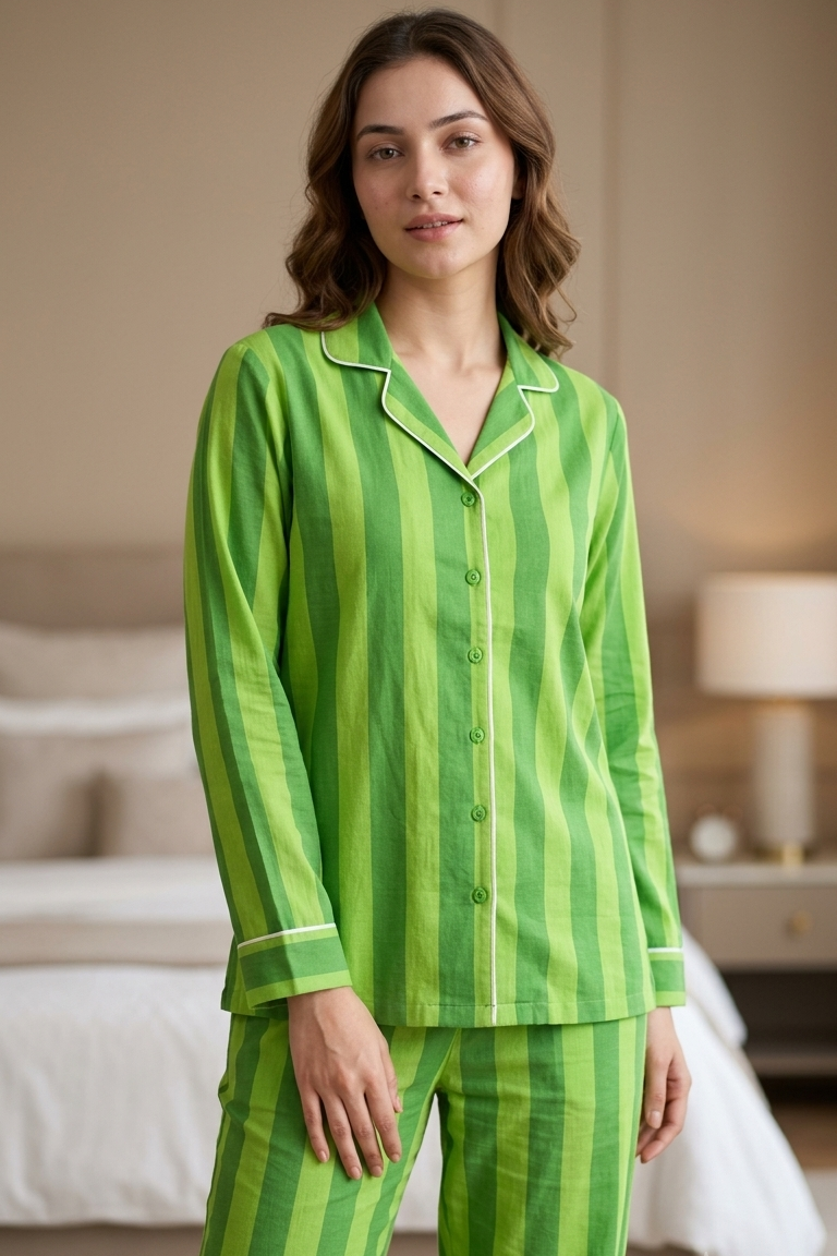 Green Strip Nightsuit For Women| Pure Cotton