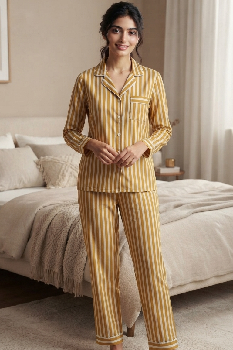 Mustard Strip Nightsuit For Women| Pure Cotton