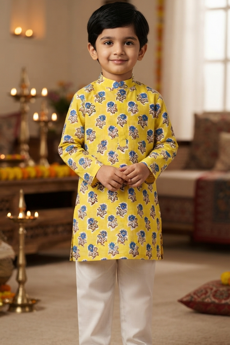 Yellow Boota Kurta Pajama Sets for Boys| Pure Cotton