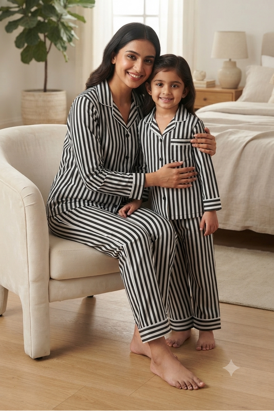 Black Strip Twinning Nightsuit Sets For Mother &  Kids| Pure Cotton