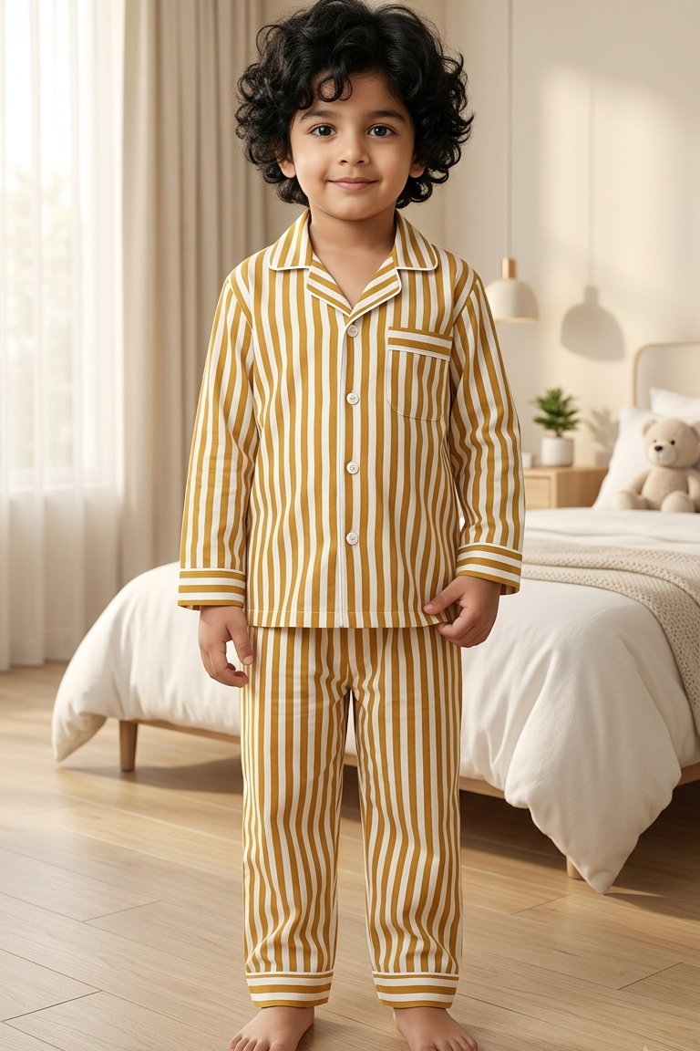 Mustard Strip Twinning Nightsuit Sets For Mother &  Kids| Pure Cotton