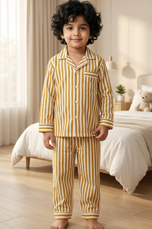 Mustard Strip Twinning Nightsuit Sets For Mother &  Kids| Pure Cotton