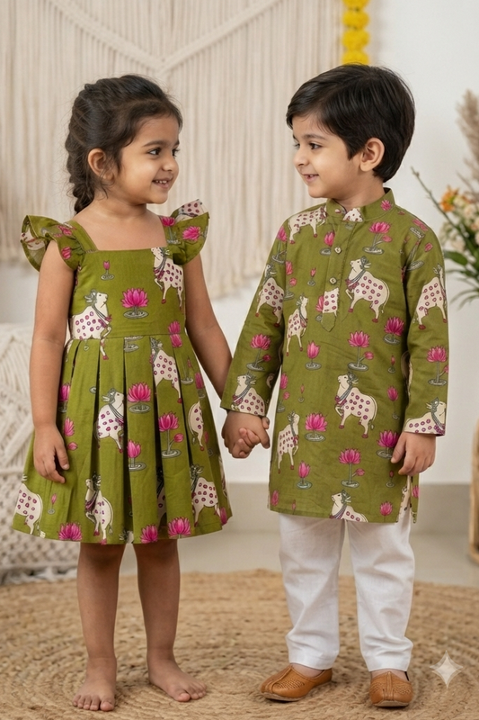 Green Pichwai  Siblings Twinning Outfit| Pure Cotton