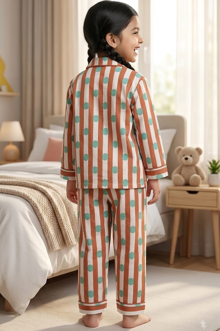 Brown Polka Dot Nightsuits for kids| Unisex| Pure Cotton