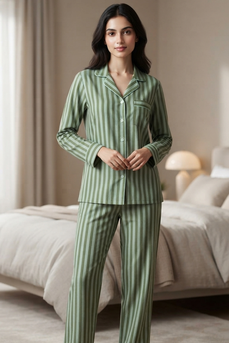 Olive Green  Strip Nightsuit For Women| Pure Cotton