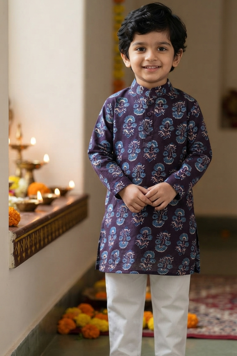 Black Booti Kurta Pajama Sets for Boys| Pure Cotton