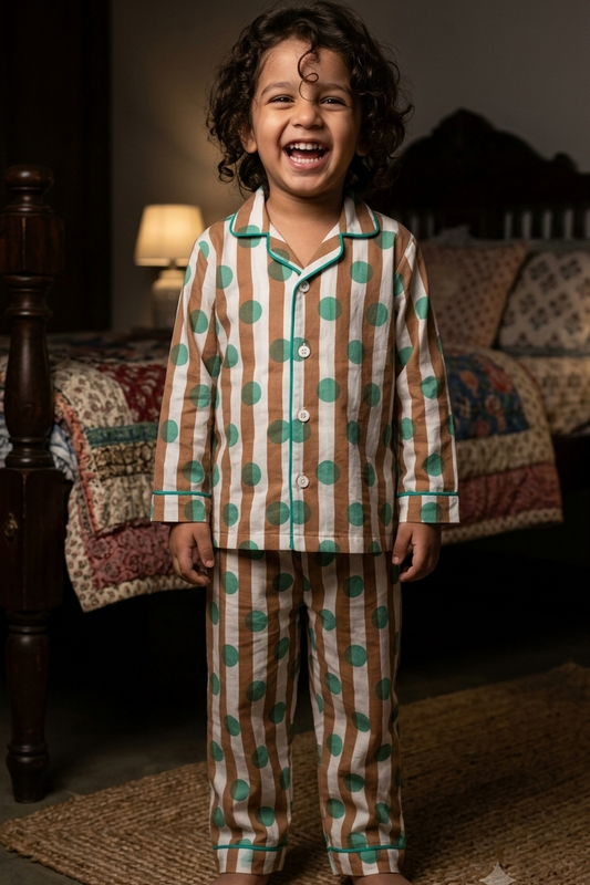 Light Brown Polkadot Nightsuits for kids| Unisex| Pure Cotton