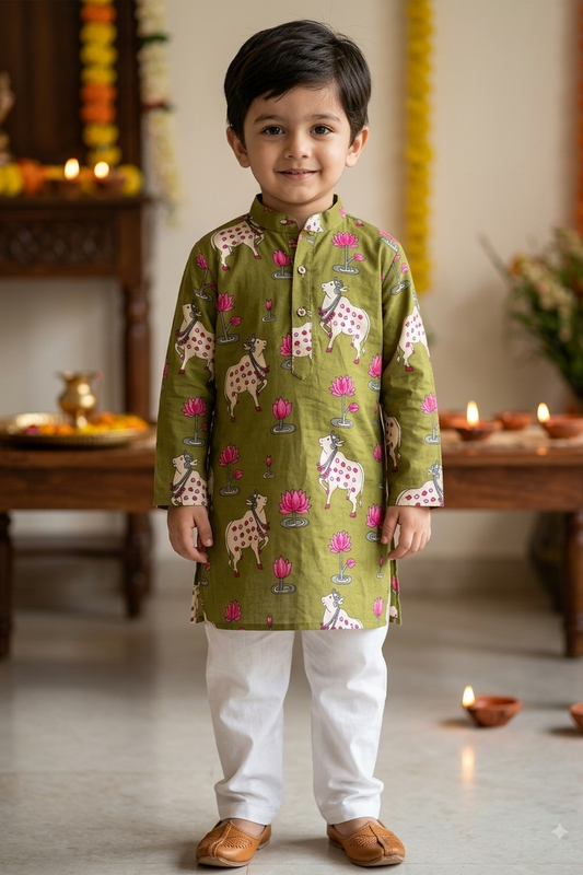 Green Pichwai Kurta Pajama Sets for Boys|Pure Cotton