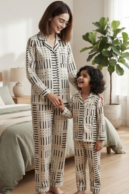 White PartywaveTwinning Nightsuit Sets For Mother &  Kids| Pure Cotton