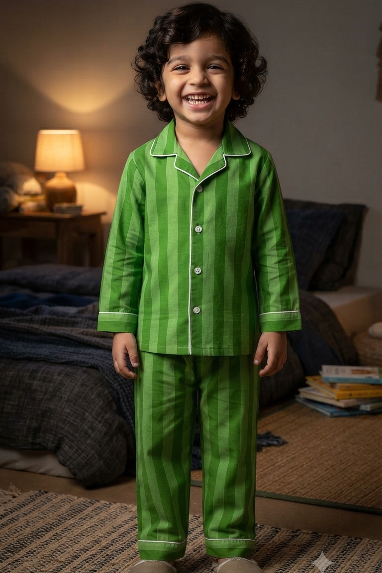 Green Strip  Nightsuits for kids| Unisex| Pure Cotton