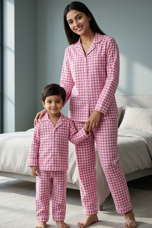 Red-Pink  Twinning Nightsuit Sets For Mother &  Kids| Pure Cotton