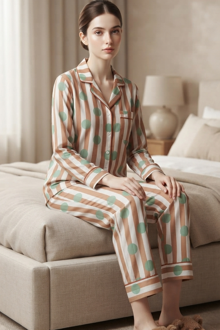 Light Brown Polka dot Nightsuit For Women| Pure Cotton