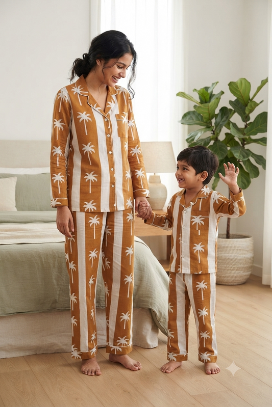 Mustard Coconut Twinning Nightsuit Sets For Mother &  Kids| Pure Cotton